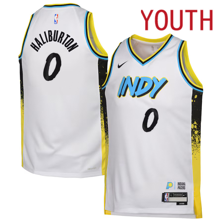 Youth Indiana Pacers #0 Tyrese Haliburton Nike White City Edition 2024-25 Swingman Player NBA Jersey->youth nba jersey->Youth Jersey